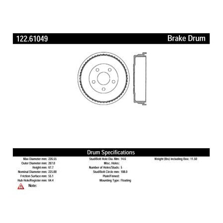 Centric Centric Premium Brake Drum, Centric Parts 122.61049 122.61049